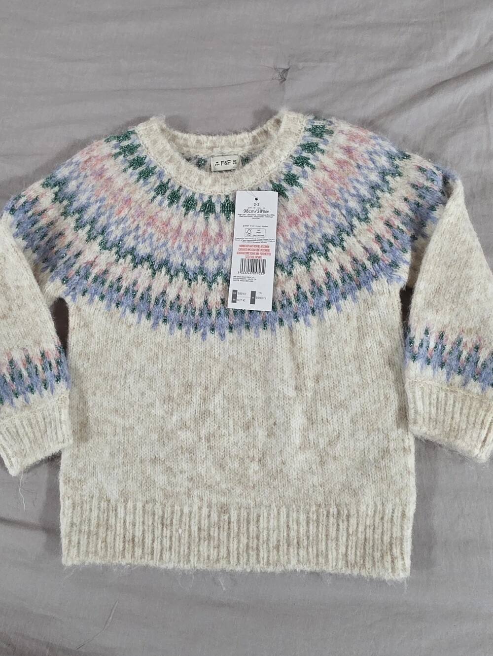 NEW F&F Toddler Girl Fair Isle Knit Sweater Crewneck Long Sleeve Beige Pink Blue